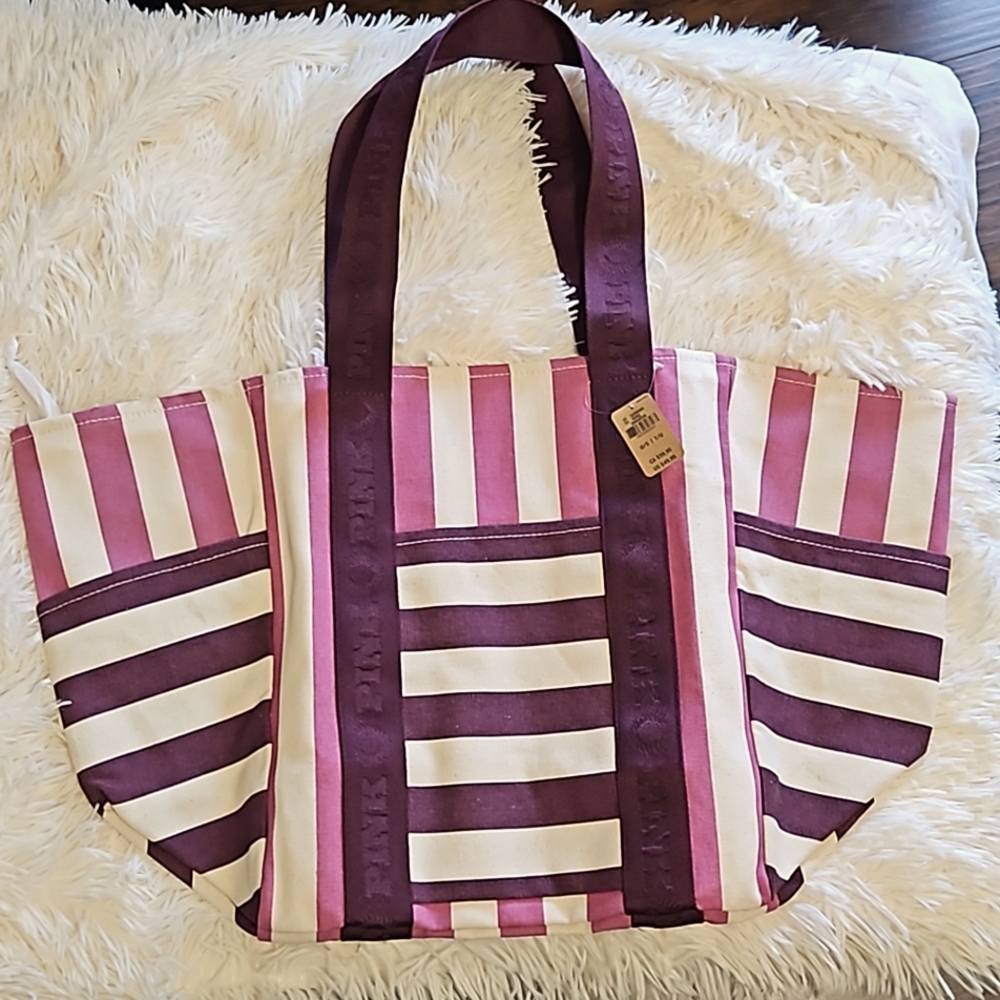 Victoria's Secret Pink NWT XL Purple/ Cream Striped Canvas Tote
